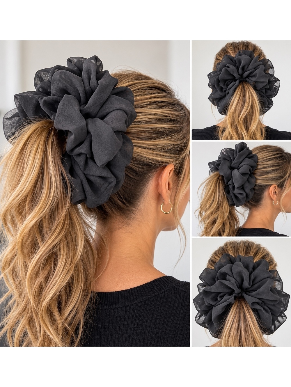 Large Black Fabric Scrunchie Hair Tie for Women